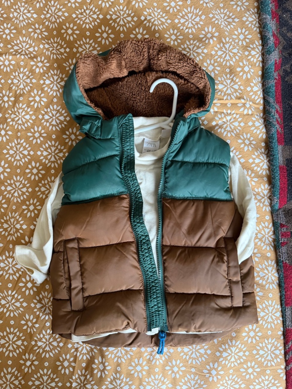 Zara Green and Brown Puffer Vest H&M Cream Shirt
